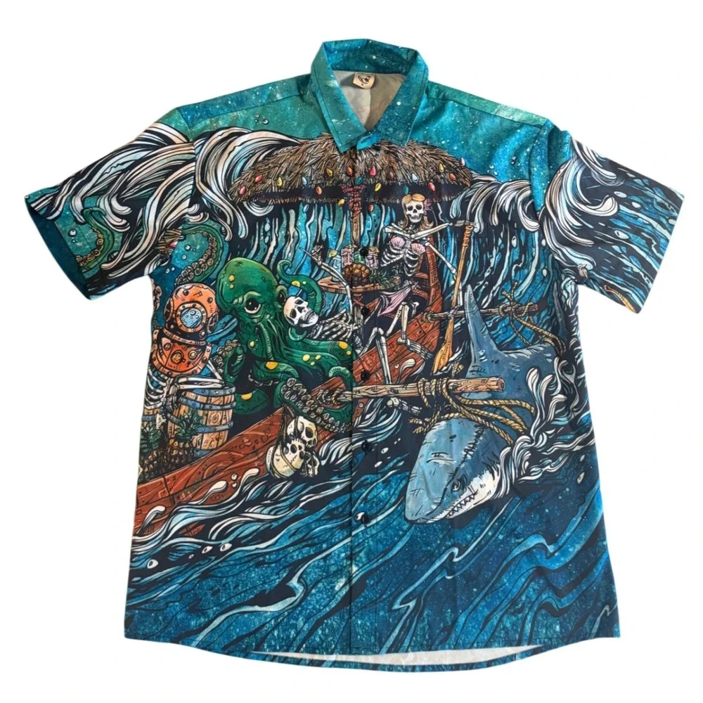 Hardaddy Mens Button Down Shirt Sea Monster Skeleton Tiki Blue M Hawaiian